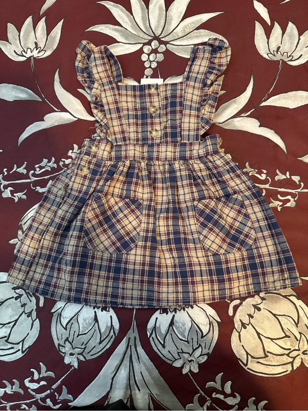 Plaid Ruffle Strap Dress - Navy & Cream